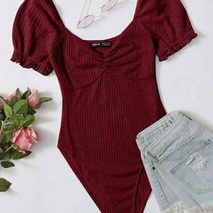 NWOT SHEIN Sweetheart Neck Ruched Front Rib-Knit Bodysuit
